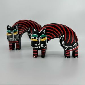 Vintage Laurel Burch Wooden Cat Sculptures. Set of Two. Handmade